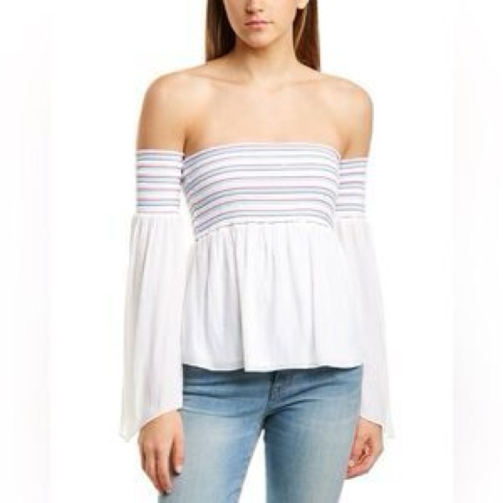 Ramy Brook White off shoulder shirt with Colorful Stripes